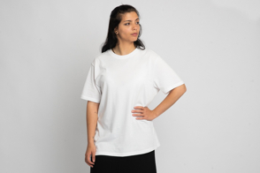 Latin american woman with hand on the waist in t-shirt mockup