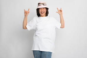 Asian woman in funny hat and t-shirt mockup