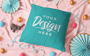 Easter elements throw pillow on rug mockup
