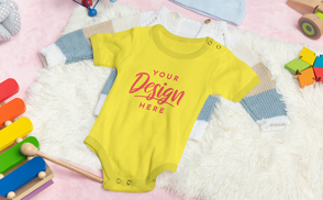 Baby onesie on rug with toys mockup