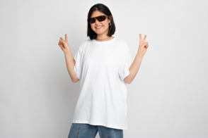 Asian woman in sunglasses and t-shirt mockup