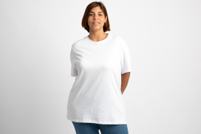 Plus size woman with hands back in t-shirt mockup