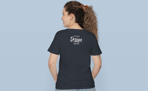 Woman with curly hair backwards t-shirt mockup