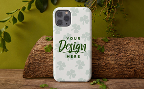 Phone case on wooden log and leaves mockup