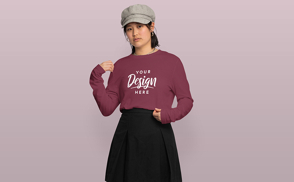 Asian woman in beret and sweatshirt mockup