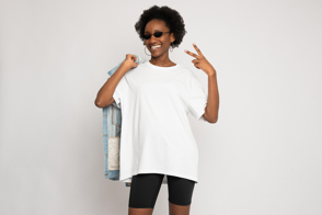 Black woman with jean jacket, sunglasses and t-shirt mockup