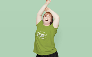 Happy woman model in t-shirt mockup