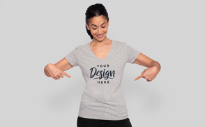 Smiling woman in t-shirt mockup