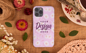 Phone case with flowers and leaves mockup
