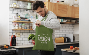 Male model kitchen tote bag mockup