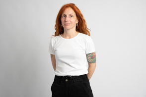 Redhead female in t-shirt mockup