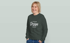 Blonde woman hands in pockets sweatshirt mockup