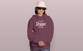 Young girl in hat and hoodie mockup