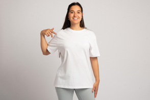 Hispanic woman pointing her t-shirt mockup