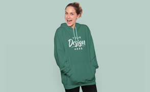 Excited blonde woman in hoodie mockup