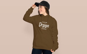 Teen girl in hat and hoodie mockup