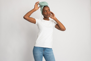 Black woman with a nice headscarf and t-shirt mockup