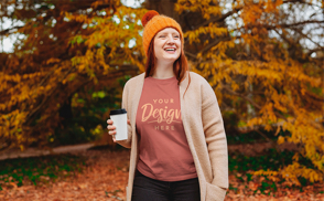 Girl with coffee on park t-shirt mockup