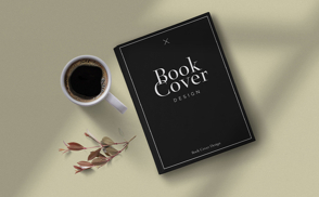 Book cover with coffee and leaves mockup