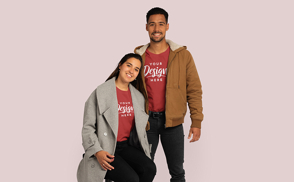 Couple with jackets and t-shirt mockup