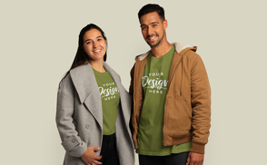 Couple in jackets and t-shirts mockup