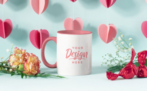 Mug in valentines day heart decoration mockup