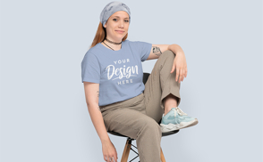 Girl sitting with blue bandana mockup | Start Editing Online