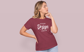 Blonde woman posing in t-shirt mockup