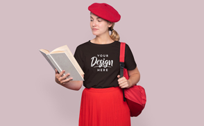 French woman with backpack and t-shirt mockup