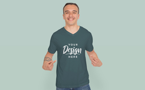 Man with short hair pointing to t-shirt mockup