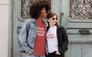 Couple in jean jackets t-shirt mockup