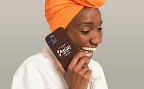 Black girl laughing with phone case mockup