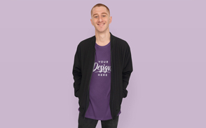 Man smiling with long coat and t-shirt mockup