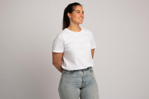 Young hispanic girl with jeans and t-shirt mockup