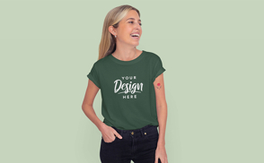 Young blonde woman laughing t-shirt mockup