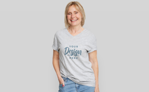 Blonde woman on solid background t-shirt mockup