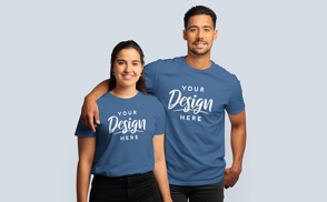 Hispanic couple hugging in t-shirt mockup