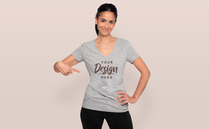 Brunnette woman in v-neck t-shirt mockup