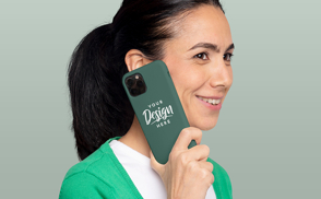 Woman in ponytail and phone case mockup
