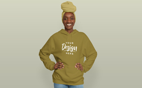 Black model in headscarf and hoodie mockup