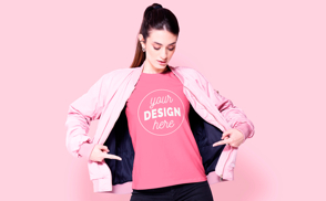 Woman pointing at t-shirt mockup