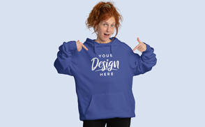 Excited redhead woman in hoodie mockup