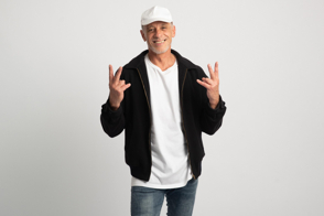 Senior male model in jacket and t-shirt mockup