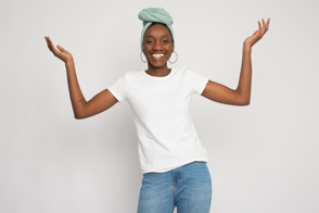 Black woman in headscarf and t-shirt mockup