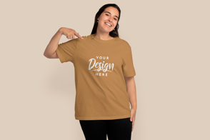 Hispanic woman pointing t-shirt mockup | Start Editing Online