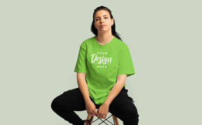 Black hair girl in chair t-shirt mockup | Start Editing Online