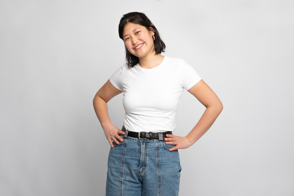 Asian woman with jeans and t-shirt mockup