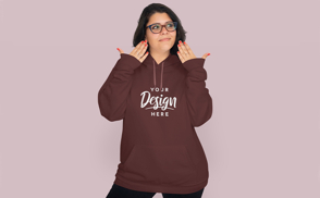 Woman in reading glasses and hoodie mockup