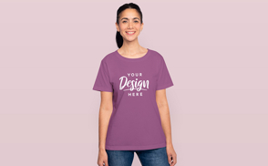 Happy woman in ponytail and t-shirt mockup