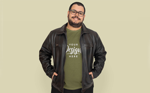 Man in leather jacket and editable t-shirt.